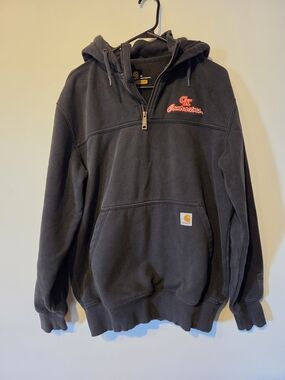 Carhartt Men's Black Hooded Half-Zip Sweatshirt with Red Business Logo